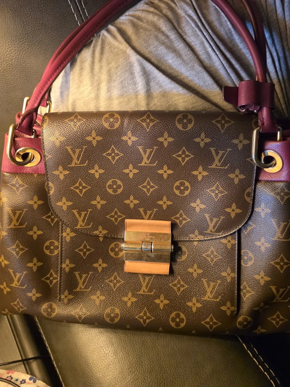 Louis Vuitton Brown Monogram Shoulder Bag with Burgundy Accents
